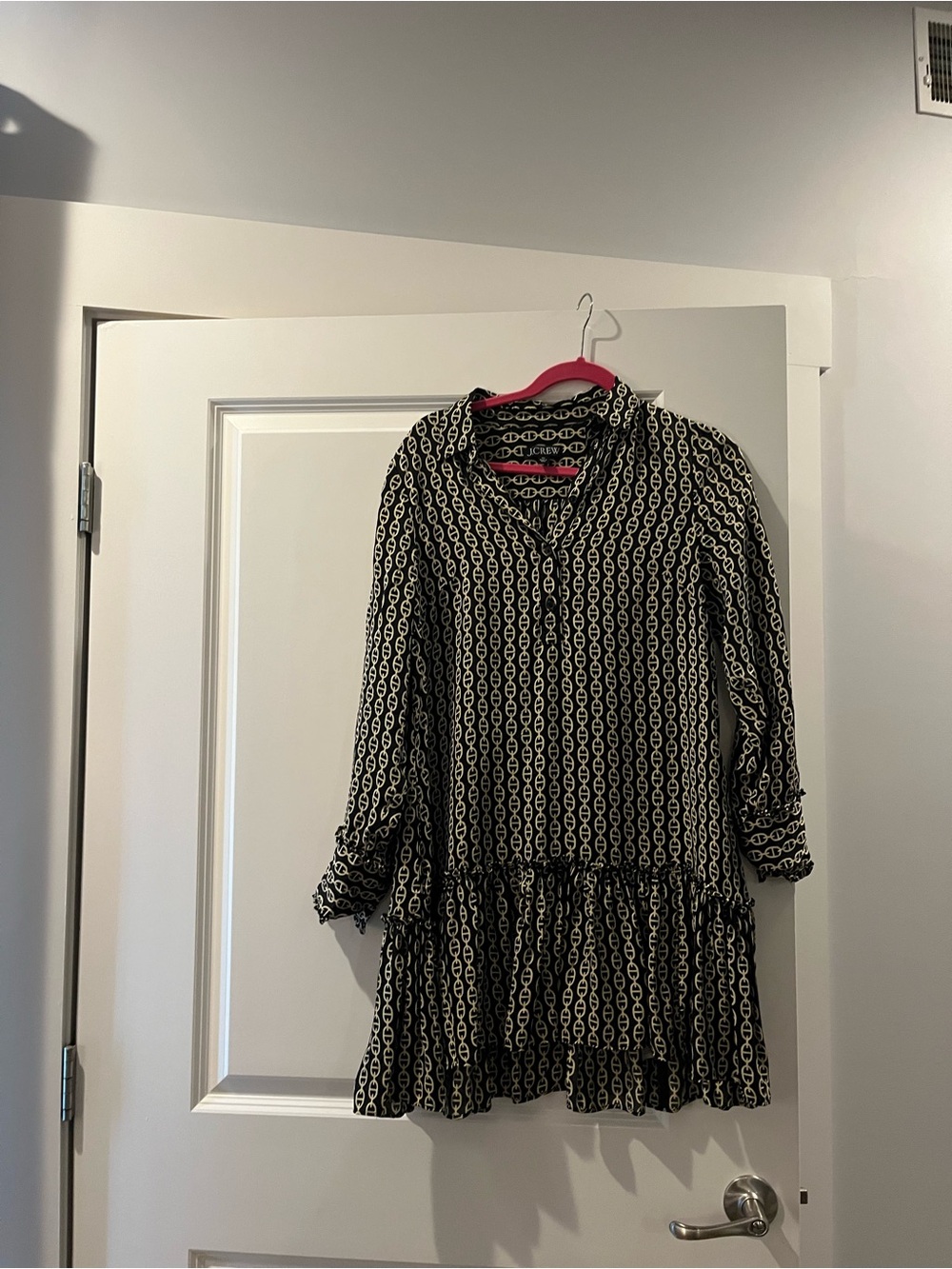 J. Crew Black and White Printed Long-Sleeve Ruffle-Hem Dress